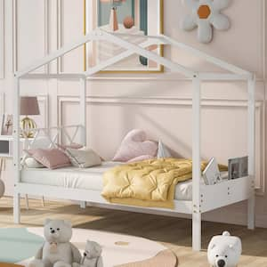 White Twin Size Wood House Bed with Headboard and Storage Footboard