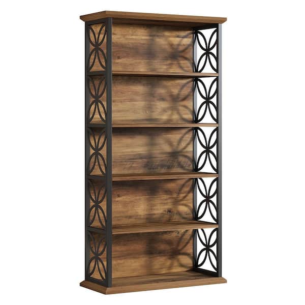 70.87 in. Tall Brown Wood 6-Shelf Standard Bookcase with Metal Frame