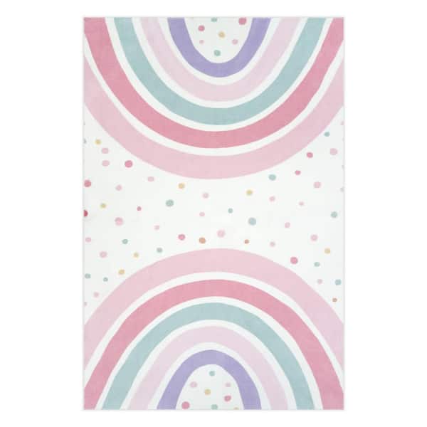 Rainbow Polka Dot Washable Non-Slip Pink 4 ft. x 6 ft. Kid Area Rug