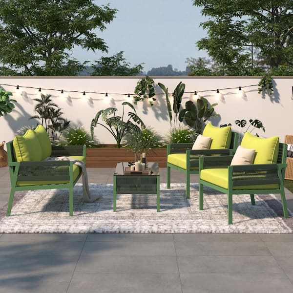 Runesay Metal 4-Piece Green Rope Patio Conversation Set with Tempered Glass Table and Fluorescent Green Thick Cushions