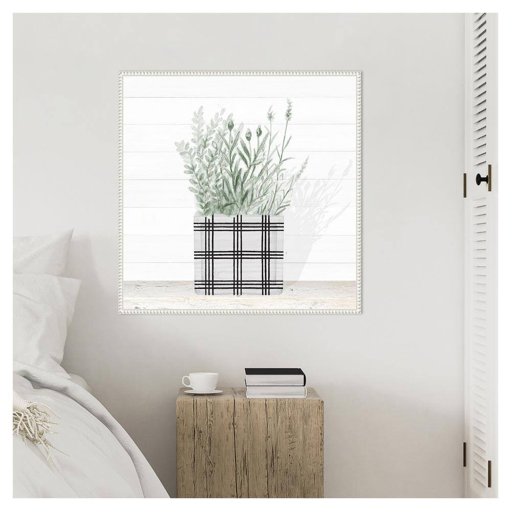 30" White and Green Lavender Blossom Canvas Wall Art in Beaded Frame