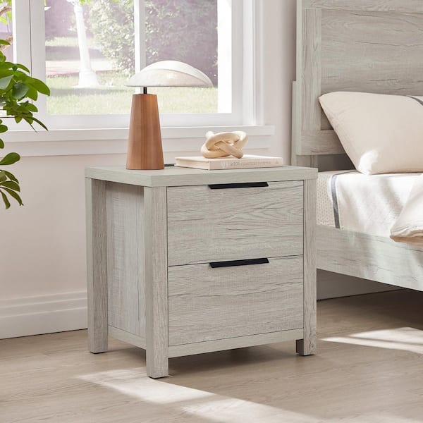 Cian Farmhouse Style Light Gray 2 Drawers 15.75 in.W Nightstand with 2 Power Outlets, USB and Type-C Ports for Bedroom