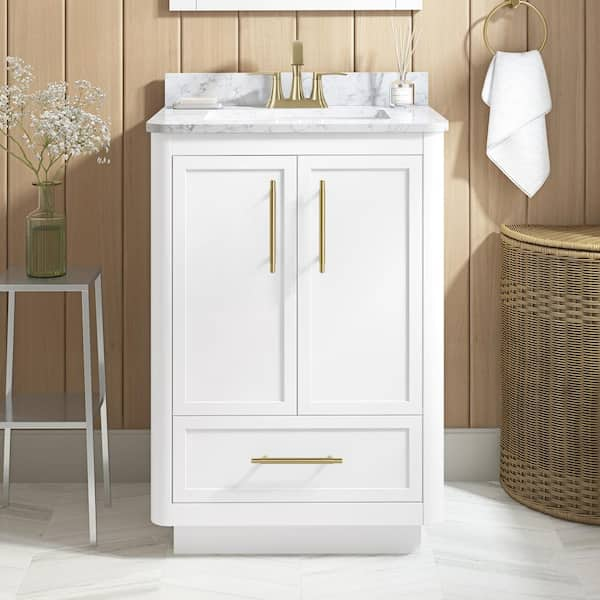 Tamsin 24 in. Single Sink White Bath Vanity with White Round Corner Engineered Marble Top (Assembled)