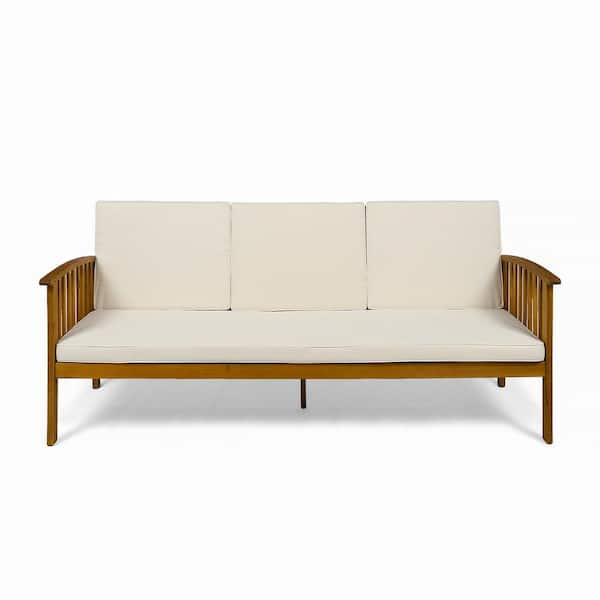 Carolina Teak Brown 1-Piece Wood Outdoor Patio Couch with Cream Cushions