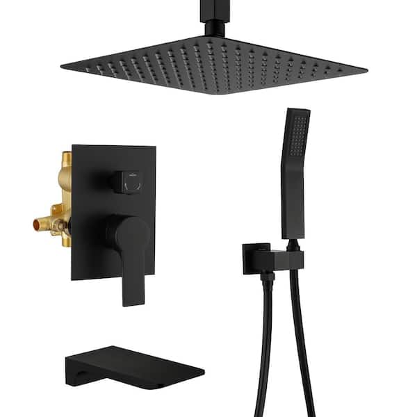 WATWAT liric Single-Handle 2-Spray 1.8 GPM 10 in. Ceiling Mount Rainfall Shower Heads with Hand Shower Faucet in Matte Black