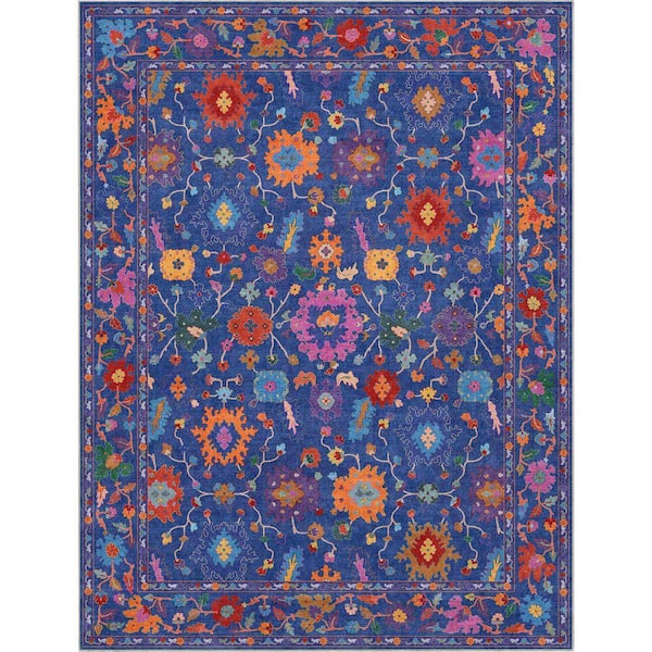 Ushak Bodrum Modern Vintage Floral, Blue 9 ft. 10 in. x 13 ft. in. Multi Area Rug