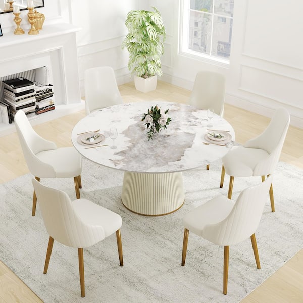 Magic Home 59 in. Circular Pandora Sintered Stone Tabletop with White Pedestal Metal Base Kitchen Dining Table (Seats-8)