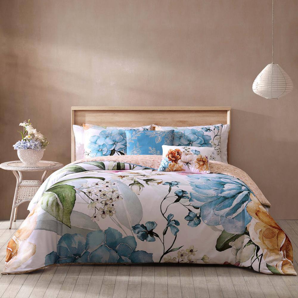Blush and Blue Cotton Queen Reversible Floral Comforter Set