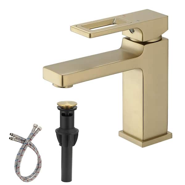 Fapully Single Handle Single Hole Bathroom Faucet with Drain Included, Lever Handle Bathroom Sink Faucet in Brushed Gold