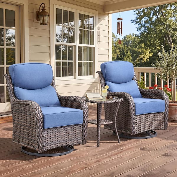 Moonluxe 3-Piece Brown Swivel Glider Wicker Outdoor Glider Chair with 6 in. Olefin Navy Blue Cushions and Side Table