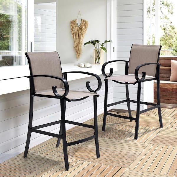 Black Aluminum Outdoor Leisure Sunbrella Outdoor Bar Stool in Augustine Ashe (Pack of 2)