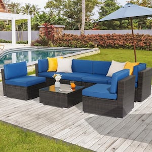 7-Piece PE Rattan Wicker Outdoor Conversation Furniture Sectional Sofa Sets for Poolside, Porch and Deck in Blue
