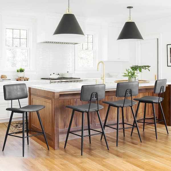LUE BONA 24.5 in. H Gray Metal Counter Height Bar Stools Curved Seat Faux Leather Barstools Set of 4