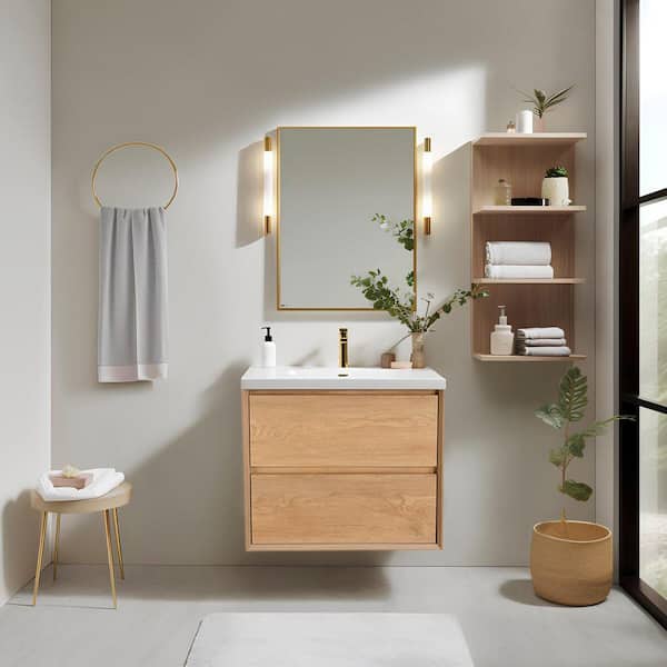 MinimalGrace 24 in. Single Sink Floating Oak Bath Vanity with White Resin Top