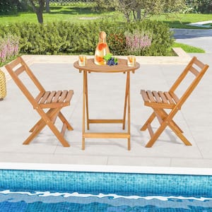 3-Piece Folding Outdoor Bistro Set Solid Acacia Wood Table and Chairs Slatted Tabletop