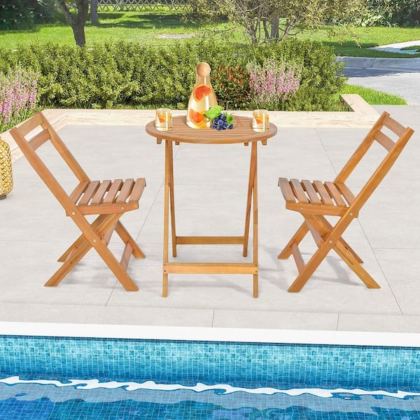 3-Piece Folding Outdoor Bistro Set Solid Acacia Wood Table and Chairs Slatted Tabletop