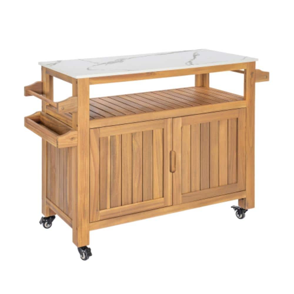 Natural Acacia Wood Outdoor Grill Cart, BBQ Kitchen Cart with Marble-Effect Aluminum Honeycomb Worktop price history on PriceWatchPro