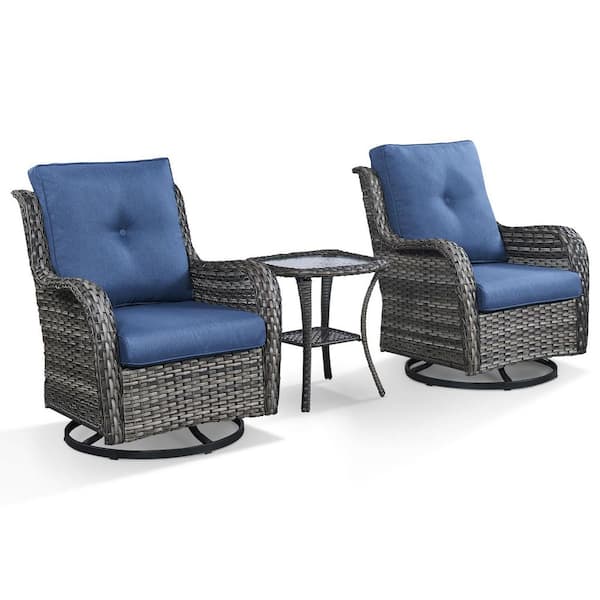 3-Piece Gray Wicker Patio Conversation Set Outdoor Rocking Chair and Side Table with Blue Cushions