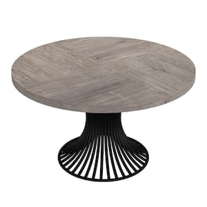 Halseey Industrial Gray Wood 47 in. Pedestal Round Dining Table Seats 6 with Black Metal Base