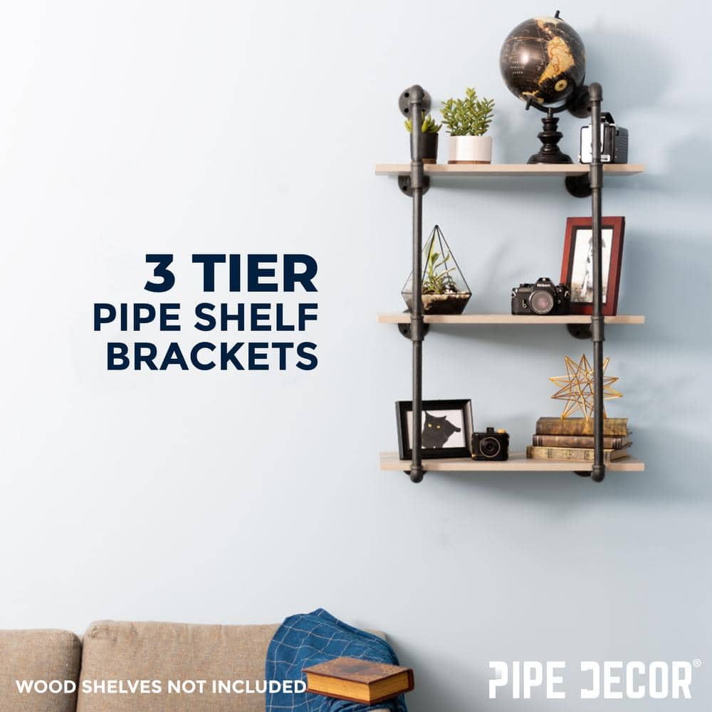Industrial Black Steel and Wood 3-Tier Wall Mounted Shelf