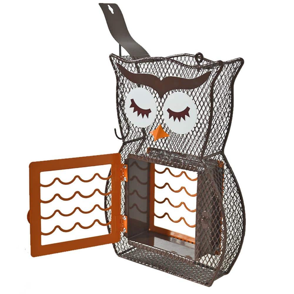 Whimsical Owl Brown Metal Hanging Suet Cage with Hook