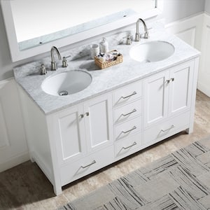 60 in. W. x 22 in. D x 39.8 in. H Bath Vanity in White with Carrara White Marble Top, Double Ceramic Sink, Back Splash