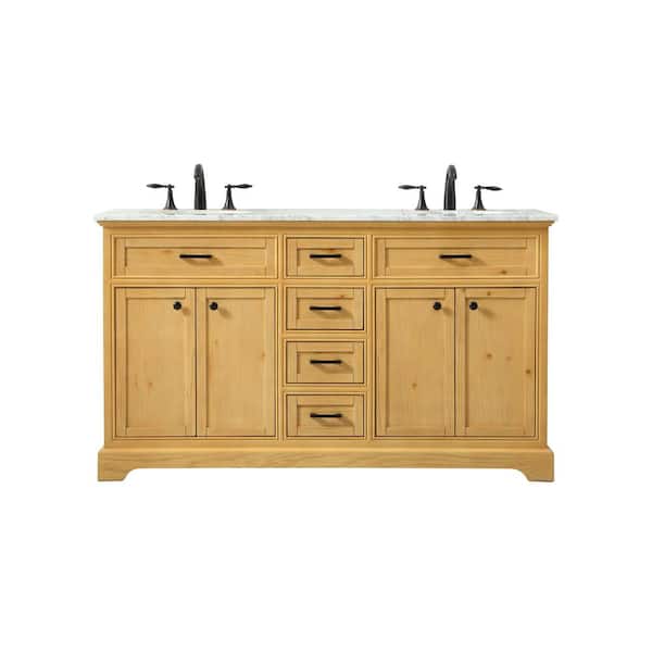 Unbranded Simply Living 60 in. W x 21.5 in. D x 35 in. H Bath Vanity in Natural Wood with Carrara White Marble Top