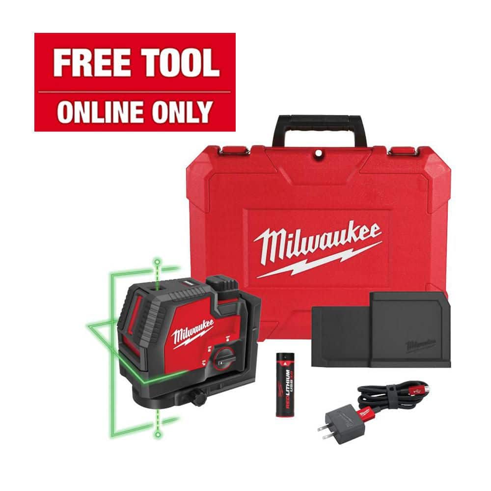 Milwaukee Green 100 ft. Cross Line and Plumb Points Rechargeable Laser Level with REDLITHIUM Lithium-Ion USB Battery and Charger 3522-21