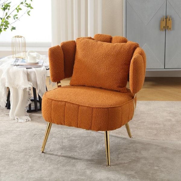 HOMEFUN Modern Orange Boucle Upholstered Accent Arm chair with Metal Frame and Pillow