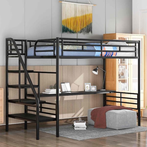 Black Twin Size Loft Bed with Desk, No Box Spring Needed