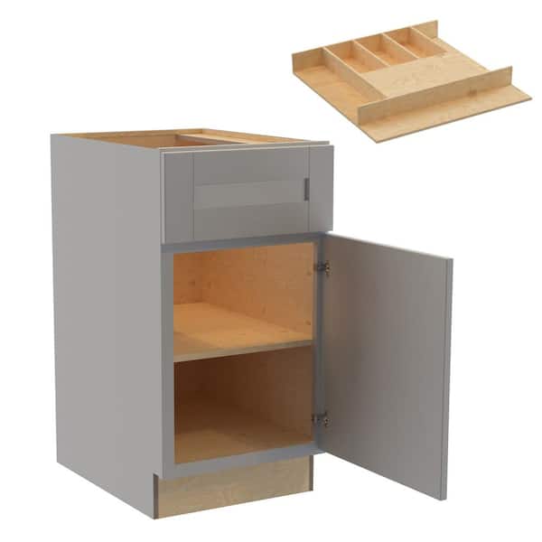 Washington 18 in. W x 24 in. D x 34.5 in. H Veiled Gray Plywood Shaker Assembled Base Kitchen Cabinet Right Spice Tray