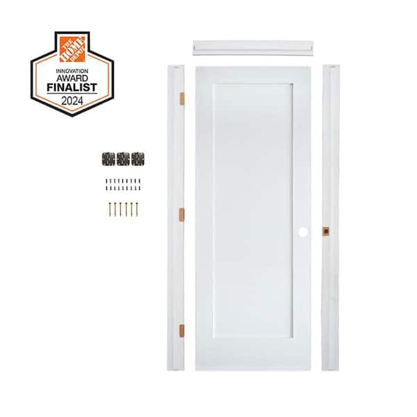 DIY 28 in. x 80 in. Shaker 1-Panel Left-Hand Primed Solid Core MDF Wood Single Interior Door Kit w/ Quick Assemble Jamb