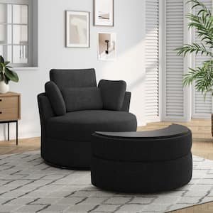 Black Chenille Upholstered Swivel Accent Barrel Chair with Storage Ottoman and Pillows (Set of 1)