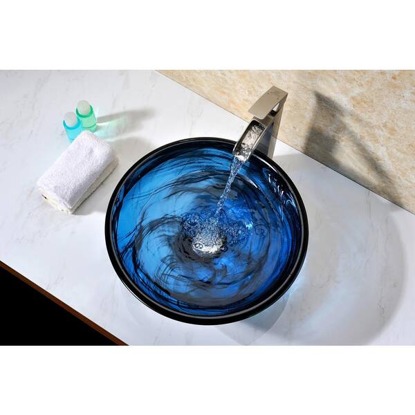ANZZI - Thalu Series 17 in. Bathroom Vessel Sink with Scratch-Tough and Stain-Resistant Surface in Sapphire Wisp Glass