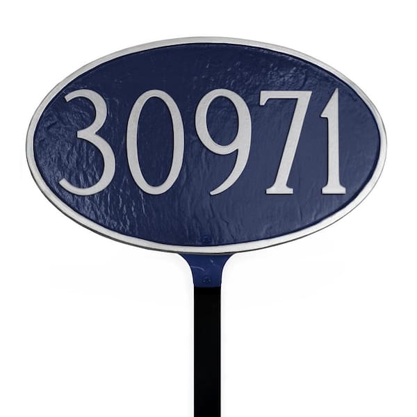 Classic Oval Standard Address Sign Plaque with Lawn Stake - Navy/Silver