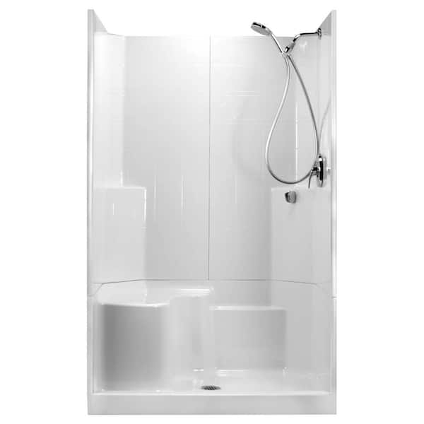 Ella 48 in. x 36 in. x 80 in. STD 3-Piece Low Threshold Shower Stall in White, LHS Molded Seat, Shower Kit, Center Drain