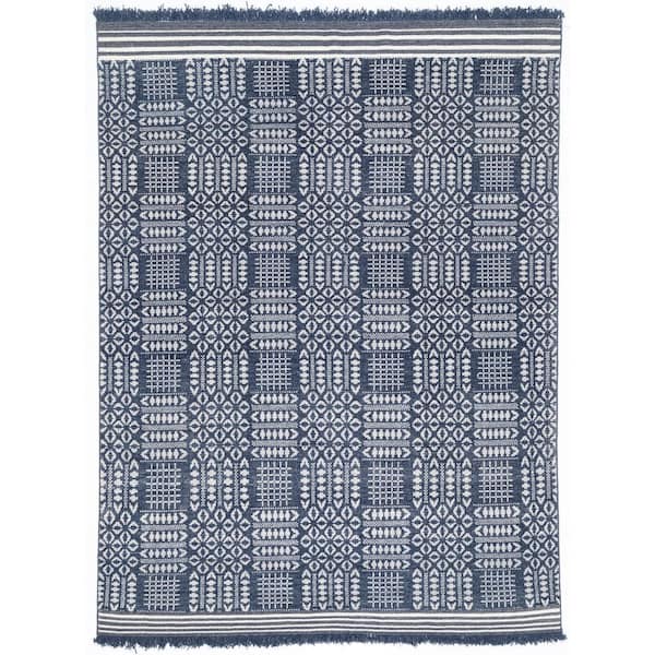 NUSTORY Blue 8 ft. x 10 ft. Rectangle Geometric Wool, Cotton Area Rug