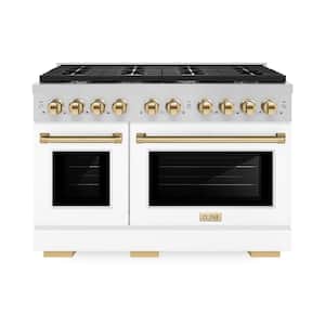 Autograph Edition 48 in. 8-Burner Freestanding Gas Range and Double Convection Oven in White Matte and Polished Gold