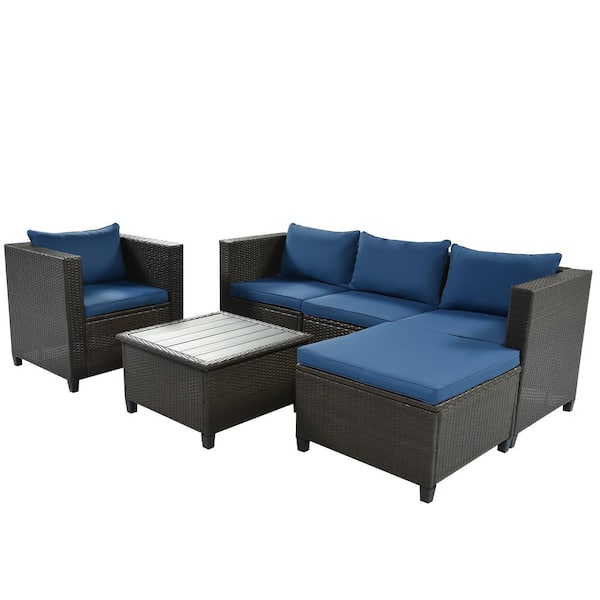 Unbranded 5-Piece Wicker Patio Conversation Set with Blue Cushions