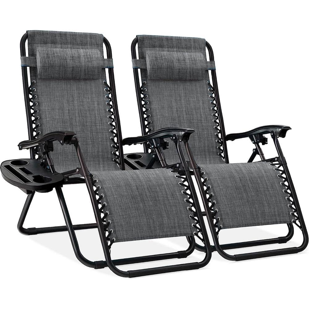 ITOPFOX Gray Adjustable Steel Mesh Zero Gravity Lounge Chair Recliners with Pillows and Cup Holder Trays, Set Of 2 HDPH004OT0068