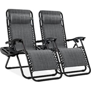 Gray Adjustable Steel Mesh Zero Gravity Lounge Chair Recliners with Pillows and Cup Holder Trays, Set Of 2