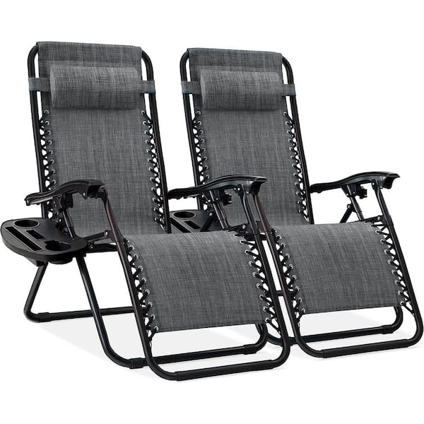 ITOPFOX Gray Adjustable Steel Mesh Zero Gravity Lounge Chair Recliners with Pillows and Cup Holder Trays, Set Of 2