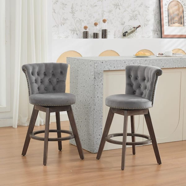 36 in. H Gray Wood Bar Stool with Upholstered Velvet Seat Set of 2，360° Swivel Counter Stools Back with Tufted Button