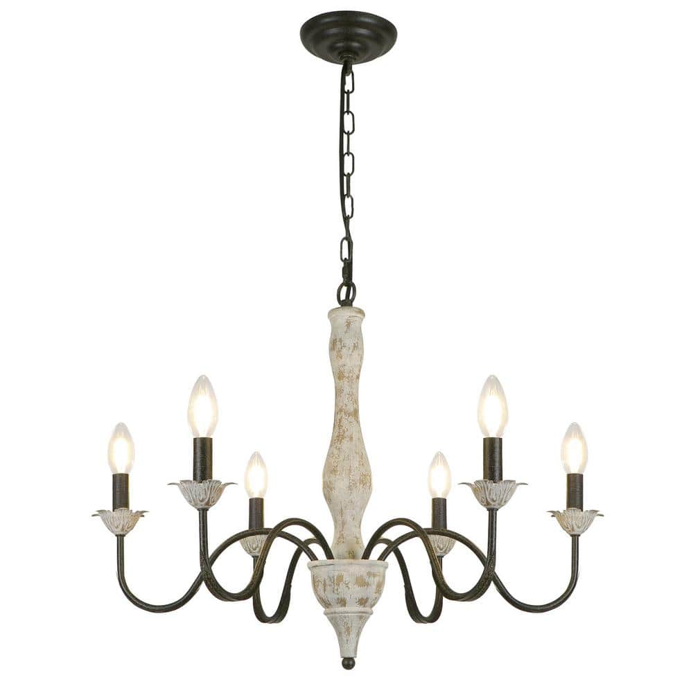 6-Light Retro Rust Wood Farmhouse Chandelier 26.37 in. for Dining Room Kitc