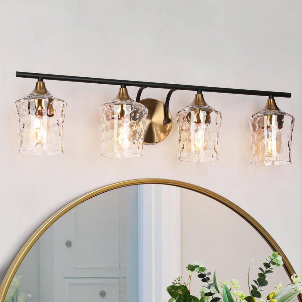 Modern Black Wall Sconce Lighting, Transitional 28 in. 4-Light Brass Gold Bathroom Vanity Light with Water Glass Shades price history on PriceWatchPro