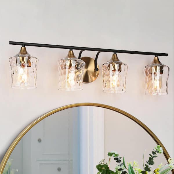 Modern Black Wall Sconce Lighting, Transitional 28 in. 4-Light Brass Gold Bathroom Vanity Light with Water Glass Shades
