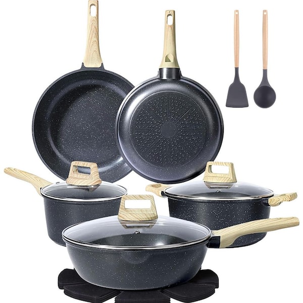 10-Piece White Granite Nonstick Cookware Set Induction Compatible with Frying Pans Saucepans Utensils Gray