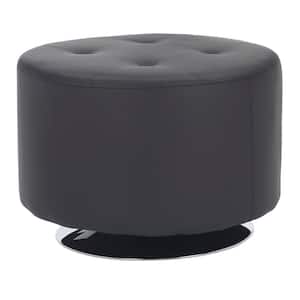 Mason Round 26 in. Black Faux Leather and Chrome Swivel Ottoman