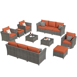 Bexley Gray 13-Piece Wicker Patio Conversation Seating Set with Orange Red Cushions and Swivel Chairs
