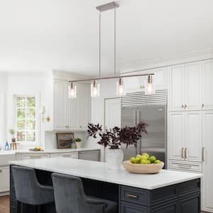 4-Light Nickel Industrial Linear Chandelier with Glass Shades for Kitchen Island with No Bulbs Included